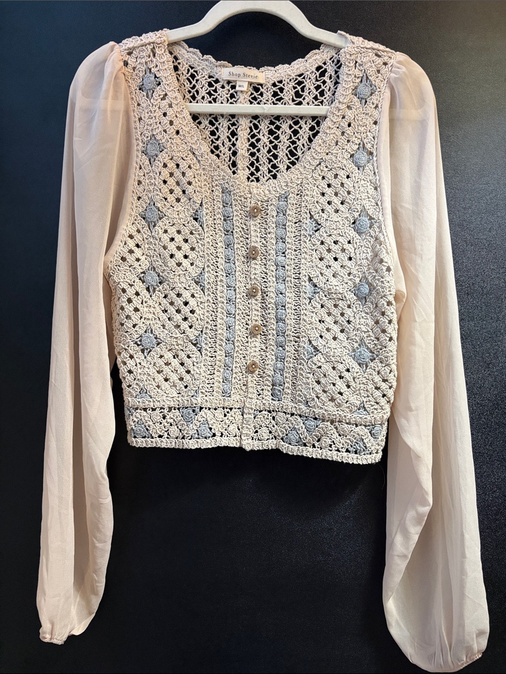 Shop Stevie Crochet-Front Blouse with Sheer Long Sleeves Cream/Light Blue NWOT